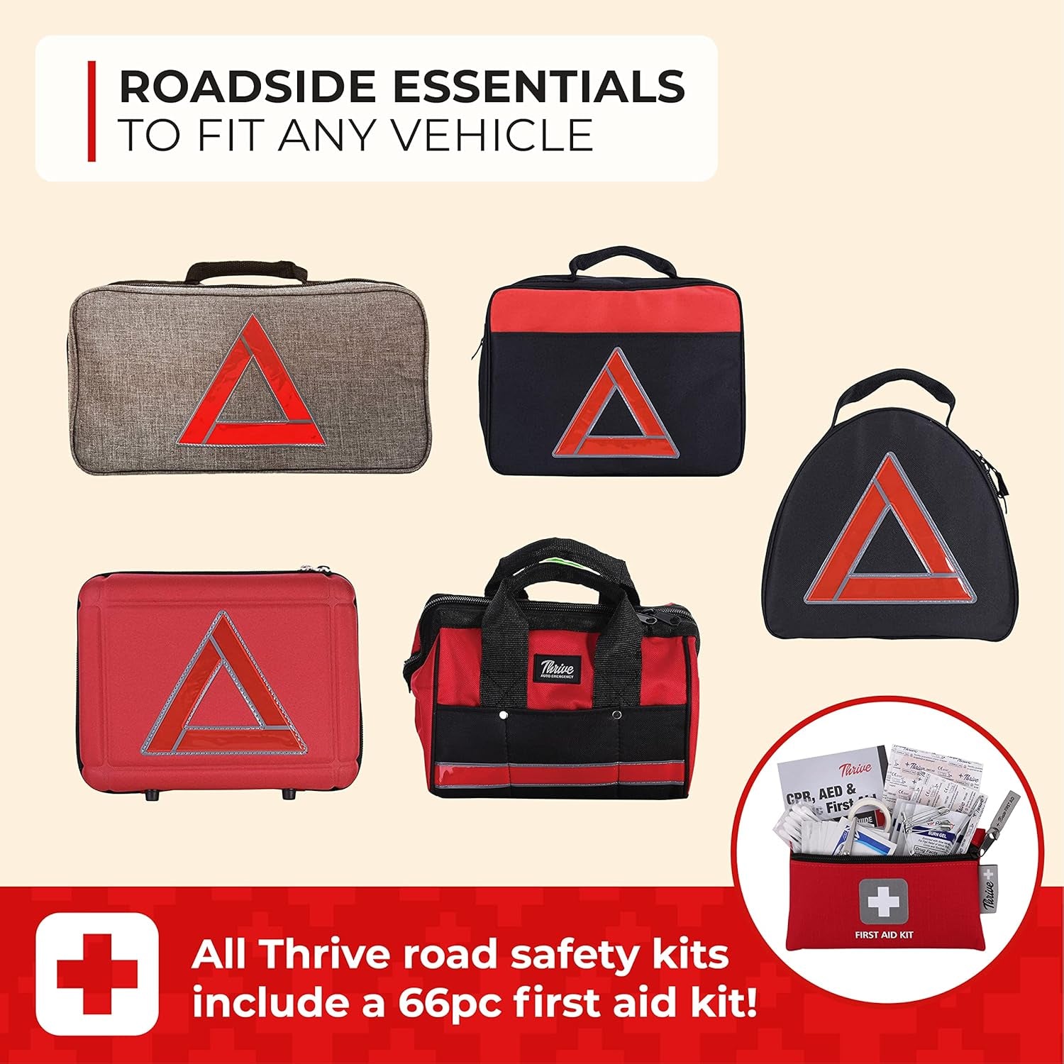 Emergency Car Kits for Vehicles - Roadside Emergency Car Kit (104 Pieces) - Car Kits for Emergency - Roadside Car Kit with Jumper Cables and Mini First Aid Kit - Gray Bag