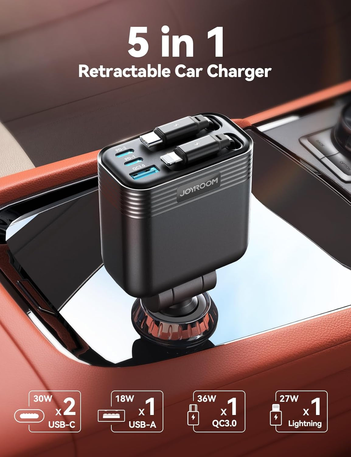 Retractable Car Charger [5 Port Fast Charging] Iphone 16 Car Charger, Car Charger USB C 66W  Car Charger Adapter Fast Charging, Fast Car Phone Charger for Iphone 16 15 14 Pro Max, Samsung S24