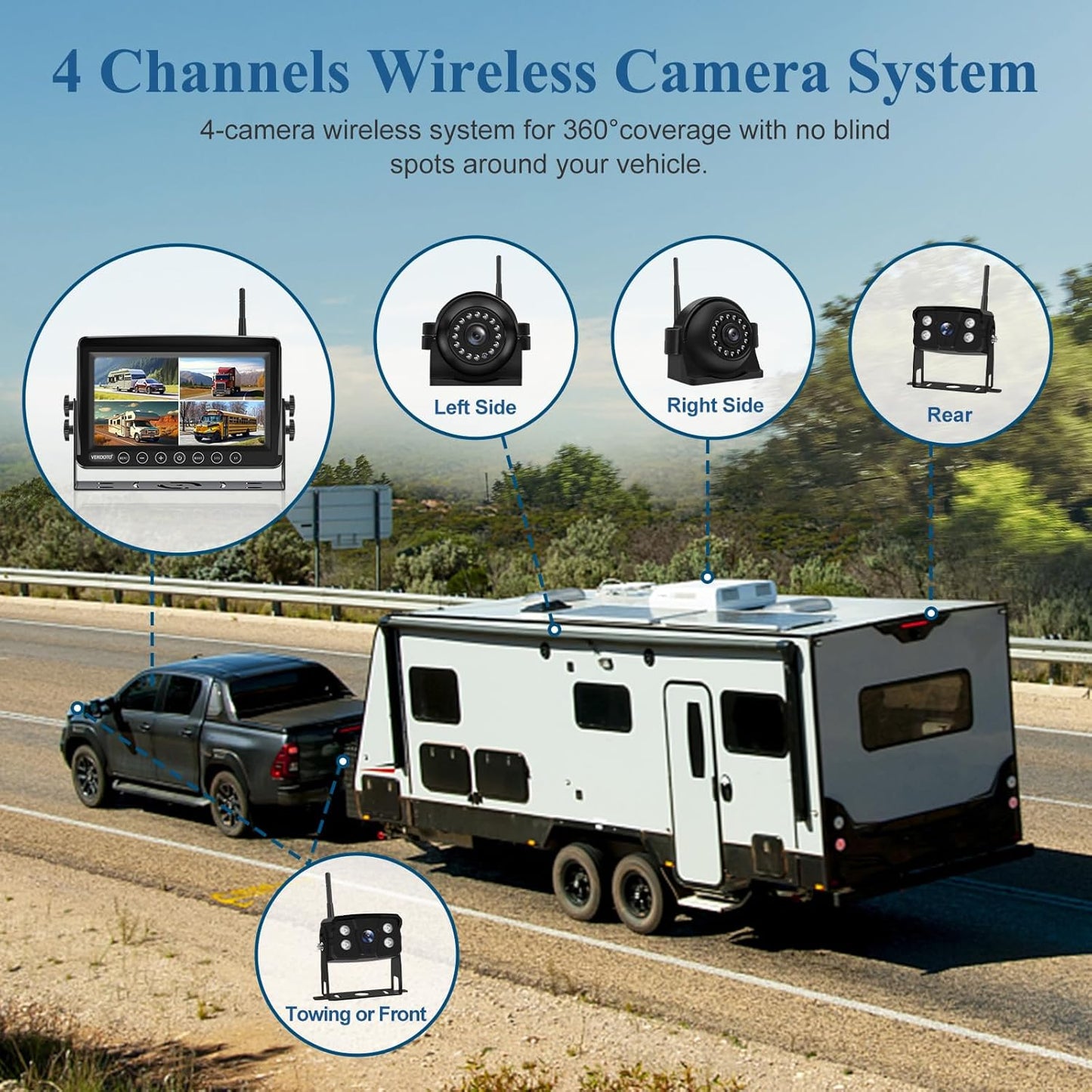 4K Wireless Backup Camera System: 9'' HD Quad Split Monitor, 1080P Side Rear View Camera, Recording, Waterproof, Digital Signal, RV Camera System for Rv/Truck/Trailer/Camper  WX9