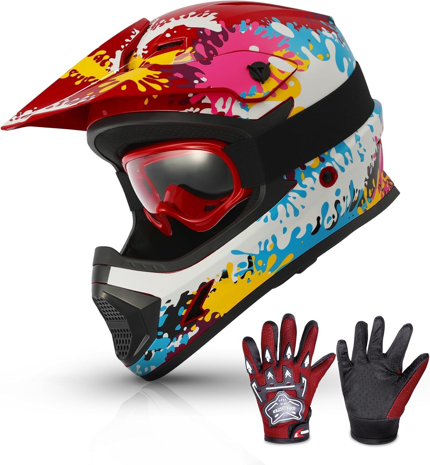 Dot Youth Kids ATV Motorcycle Helmets Full-Face Kids Helmet with Adjustable Chin Strap for Boys and Girls Kids Dirt Bike BMX Cycling W/Goggles+Gloves